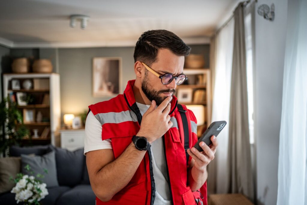 A man searching on his phone for a new dentist